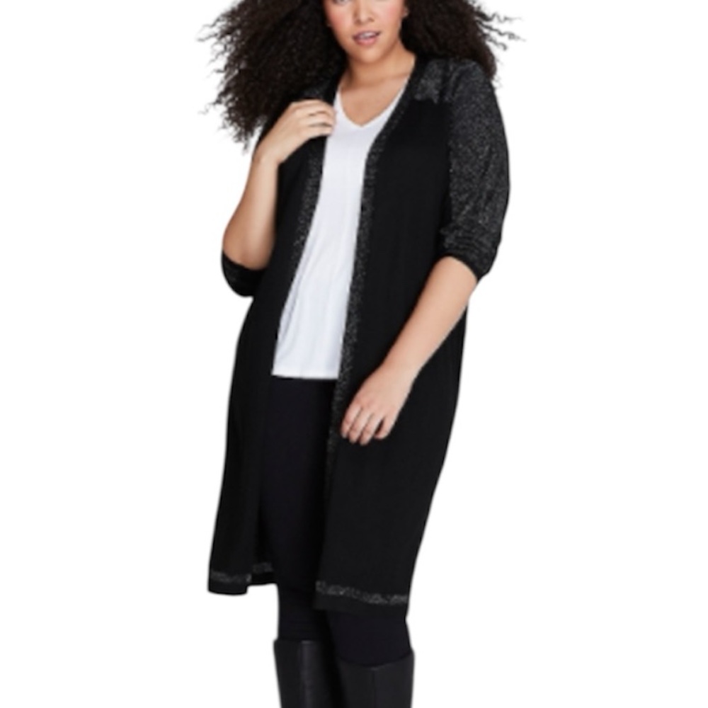 Lane Bryant Black Silver Metallic Trim Long Open Front Sweater Cardigan Duster